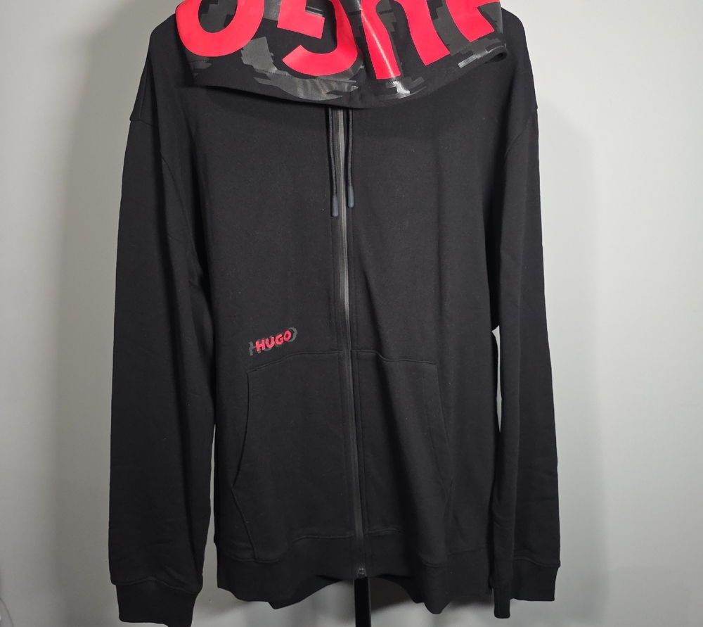 HUGO Black Zip-Up Sweater with Red Logo Accents